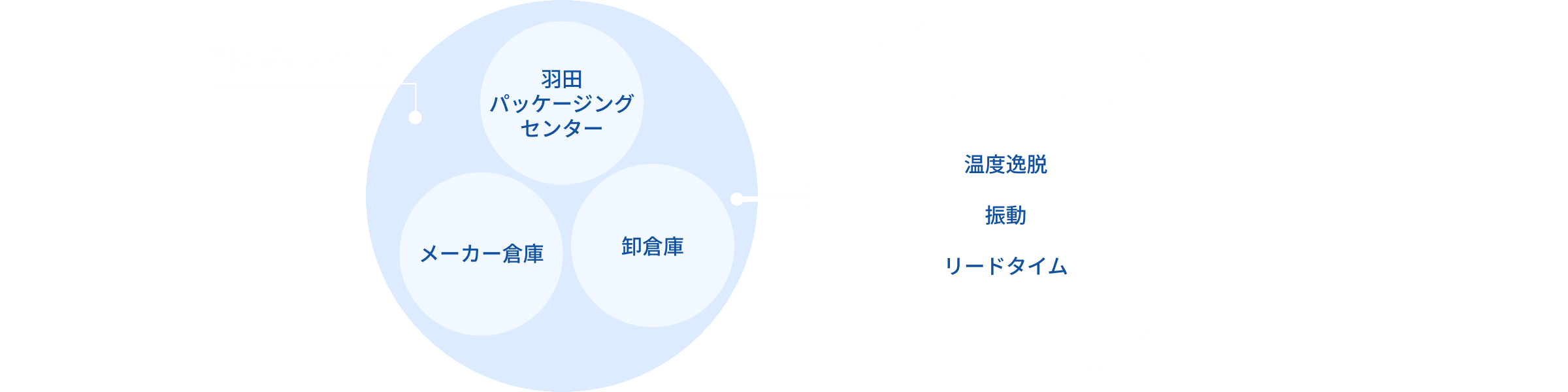 同一施設内に羽田パッケージングセンター、メーカー倉庫、卸倉庫があることで温度逸脱、振動、リードタイムなどの課題を解決します。